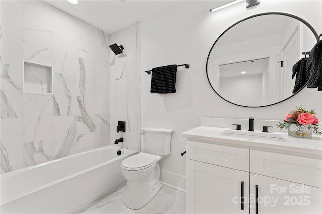 full bath with vanity, marble finish floor, toilet, baseboards, and  shower combination