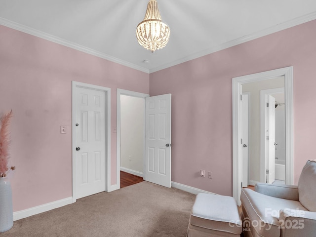 bedroom with an inviting chandelier, crown molding, and carpet floors