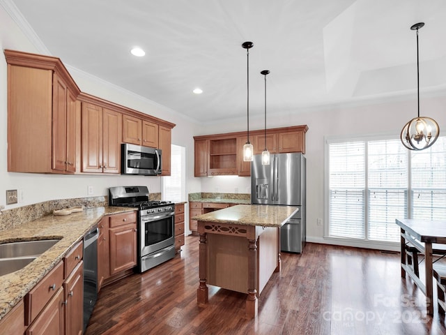 kitchen featuring a sink, open shelves, appliances with stainless steel finishes, and ornamental molding