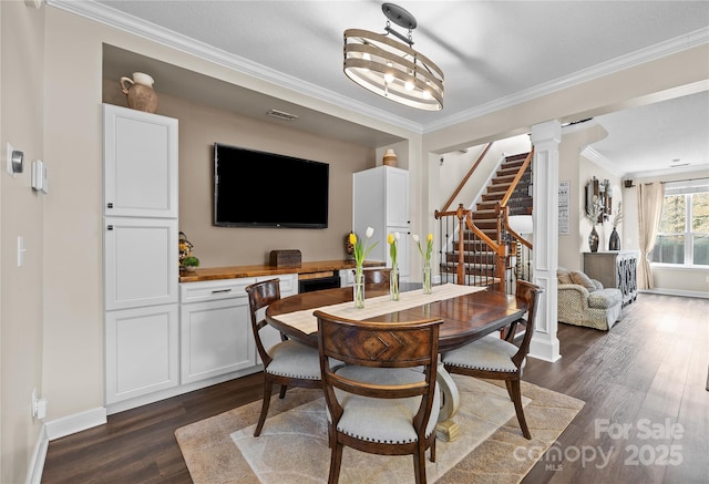 dining area with stairs, crown molding, baseboards, and dark wood-type flooring