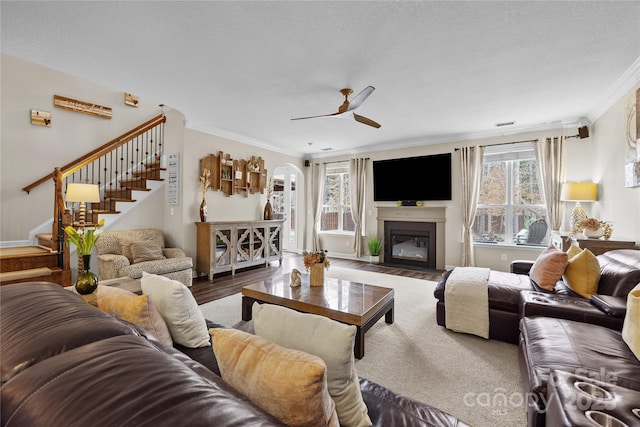 living room featuring plenty of natural light, crown molding, a fireplace with flush hearth, and wood finished floors