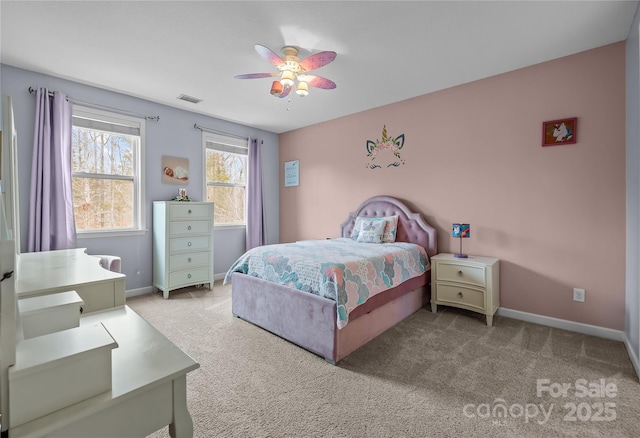 bedroom with a ceiling fan, carpet, visible vents, and baseboards