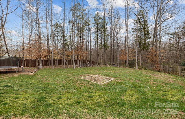 view of yard featuring a fenced backyard and a trampoline