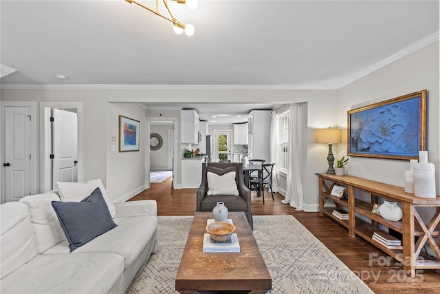 living area featuring crown molding, baseboards, and dark wood-style flooring