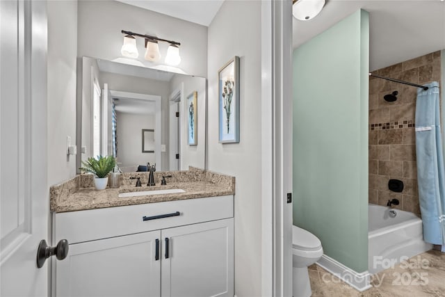 bathroom with vanity, tile patterned floors, shower / tub combo, and toilet