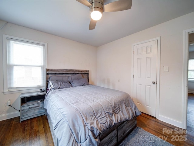 bedroom featuring ceiling fan, baseboards, multiple windows, and wood finished floors