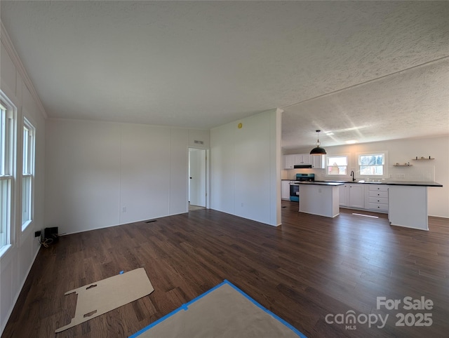 unfurnished living room featuring dark wood finished floors, visible vents, a textured ceiling, and a sink