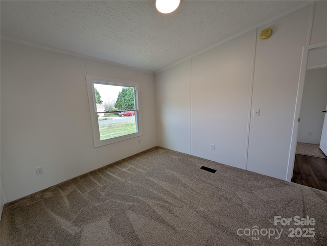 carpeted spare room featuring a textured ceiling and crown molding