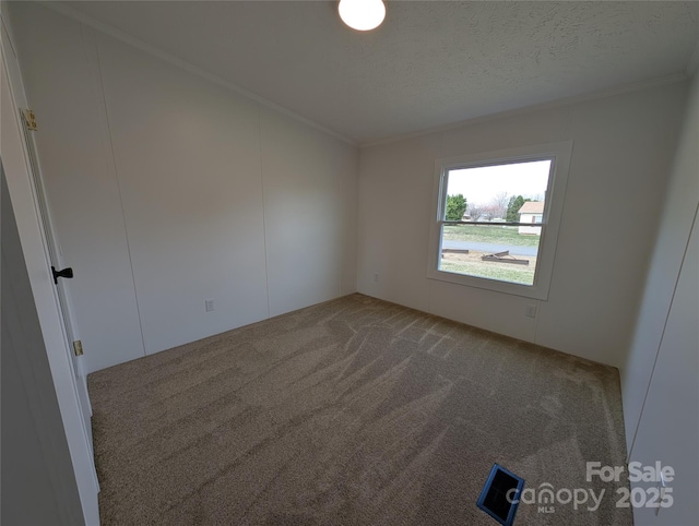 carpeted spare room with a textured ceiling and crown molding