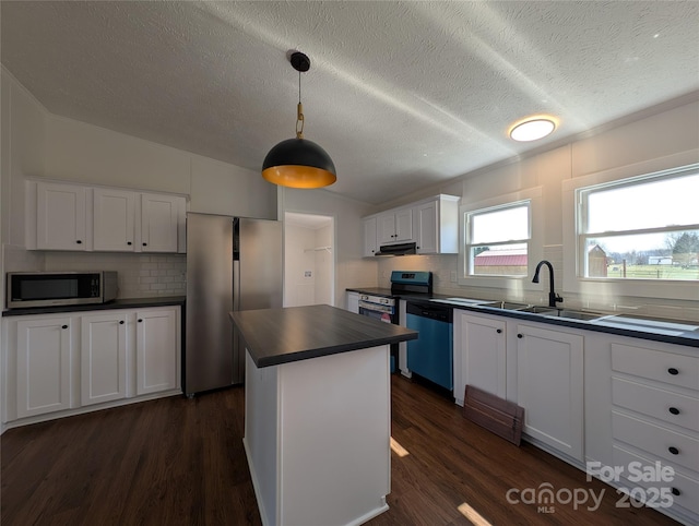 kitchen featuring lofted ceiling, stainless steel appliances, dark wood finished floors, a sink, and dark countertops