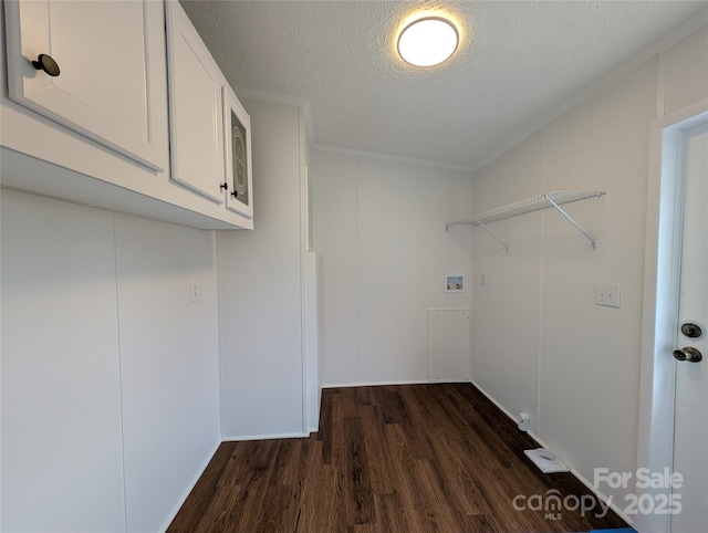 clothes washing area with crown molding, washer hookup, a textured ceiling, dark wood-style floors, and cabinet space