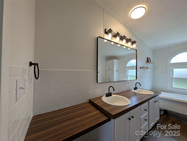 bathroom featuring a textured ceiling, a sink, and a wealth of natural light