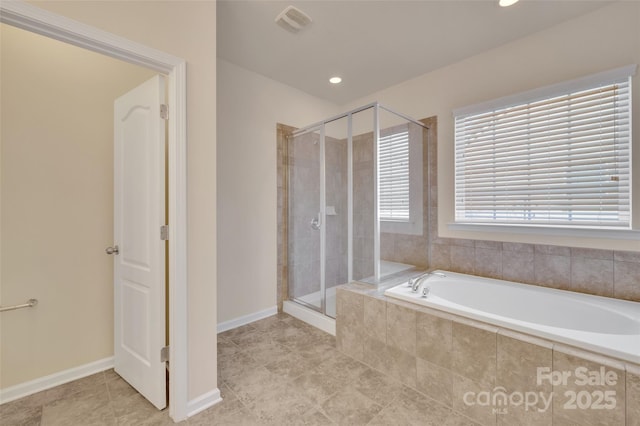 full bathroom with visible vents, baseboards, recessed lighting, a shower stall, and a bath