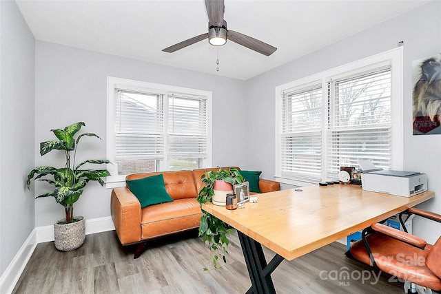 office space featuring ceiling fan, baseboards, plenty of natural light, and wood finished floors