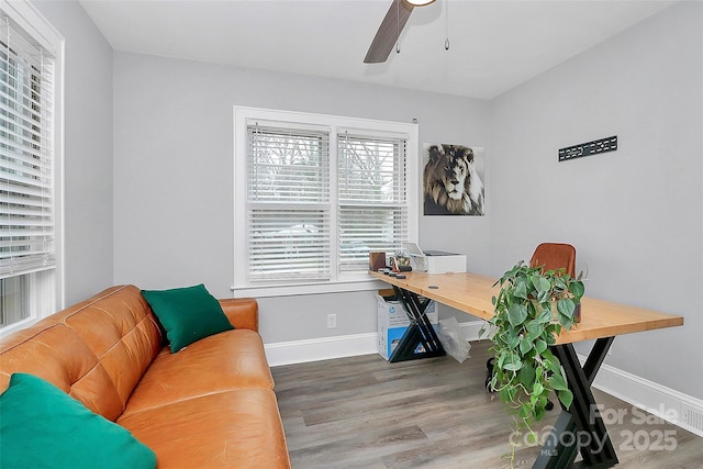 office with ceiling fan, baseboards, and wood finished floors