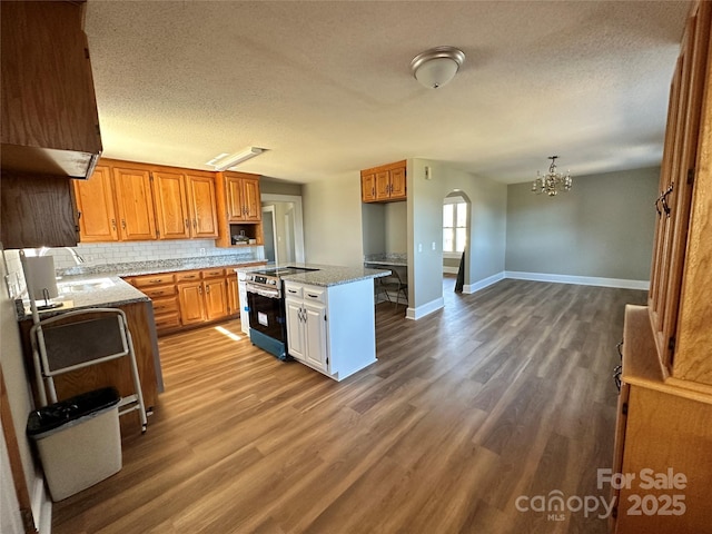 kitchen with a sink, backsplash, wood finished floors, arched walkways, and stainless steel electric range oven