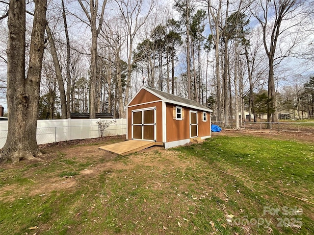 view of shed with a fenced backyard