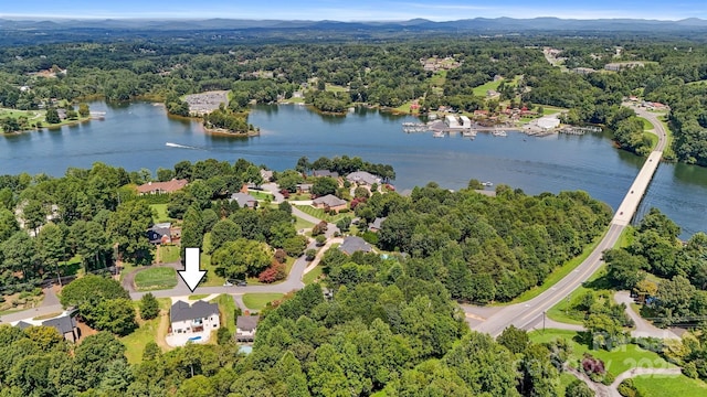 bird's eye view featuring a forest view and a water view