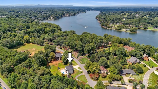 bird's eye view featuring a forest view and a water view