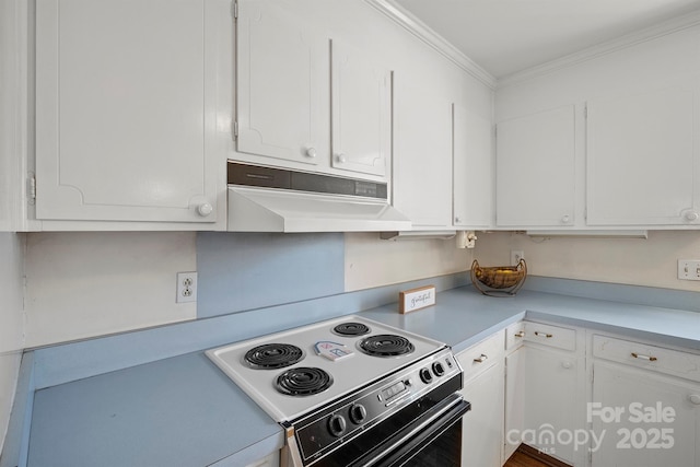 kitchen with white cabinetry, light countertops, electric range, and under cabinet range hood