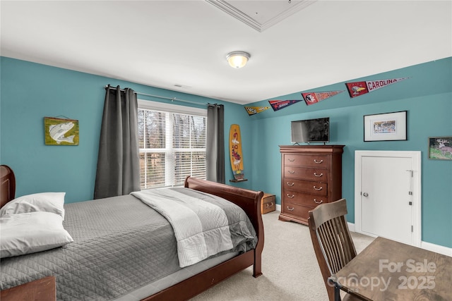 bedroom with visible vents, light colored carpet, attic access, and baseboards