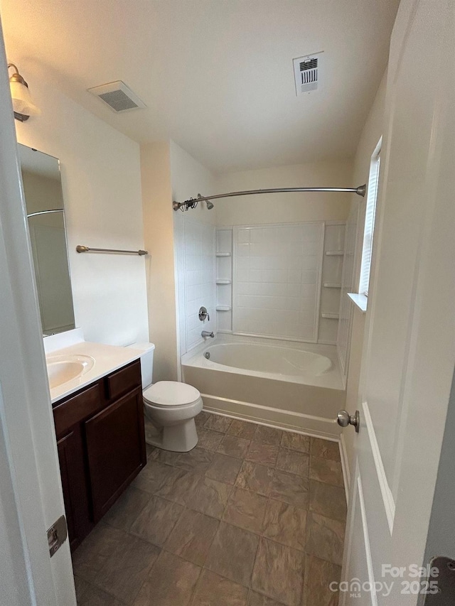 full bathroom with visible vents, shower / bathtub combination, toilet, and vanity
