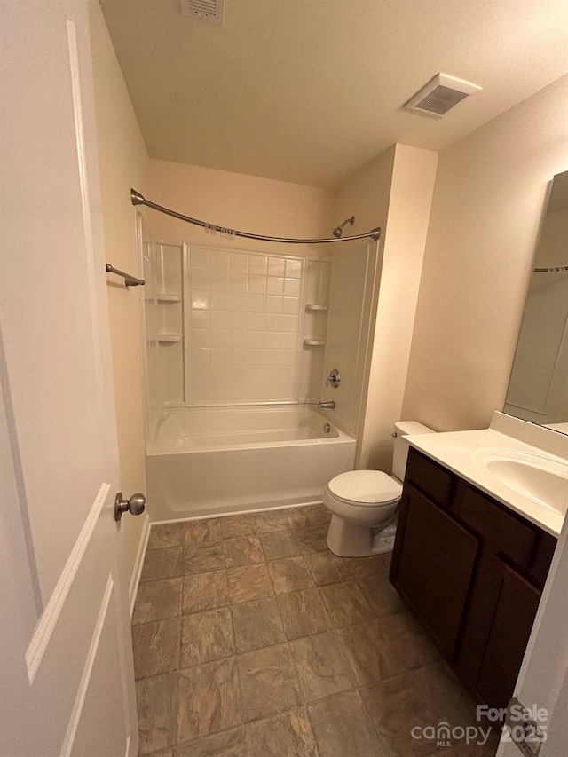 full bath featuring visible vents, shower / bathtub combination, toilet, and vanity