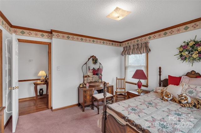 bedroom featuring a textured ceiling, ornamental molding, baseboards, and light carpet