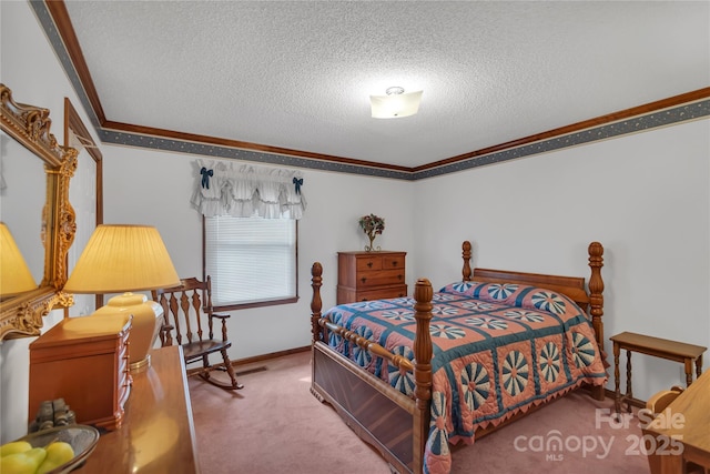 carpeted bedroom featuring a textured ceiling, baseboards, and ornamental molding