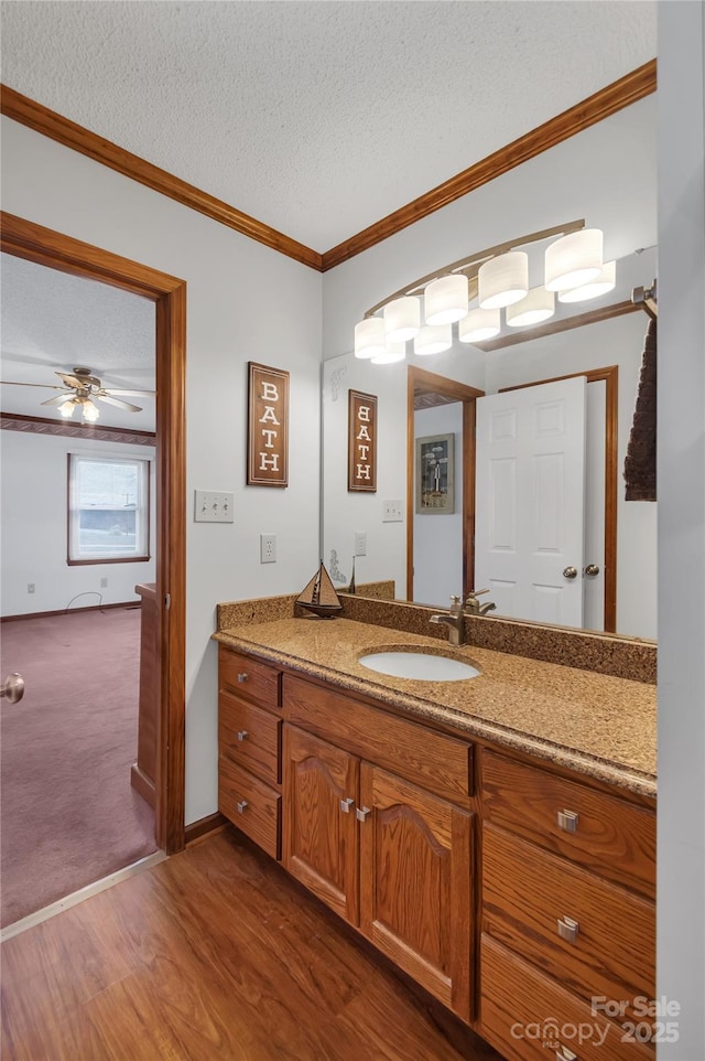 bathroom featuring wood finished floors, a textured ceiling, vanity, and ornamental molding