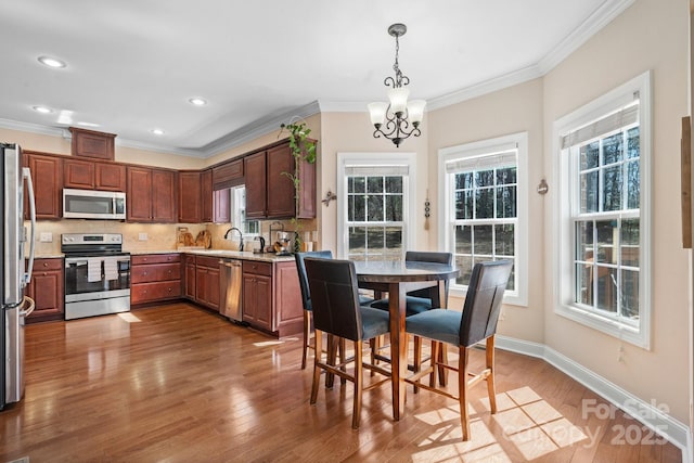 kitchen featuring a sink, appliances with stainless steel finishes, wood finished floors, and crown molding