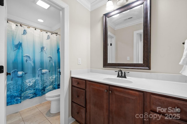 full bath with tile patterned floors, visible vents, toilet, ornamental molding, and vanity