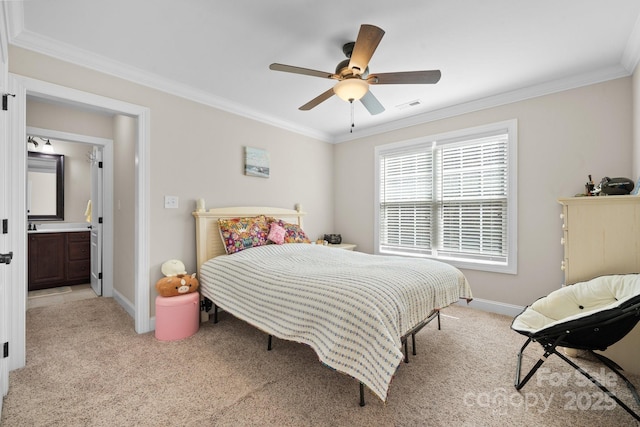 bedroom featuring ornamental molding, baseboards, visible vents, and light carpet