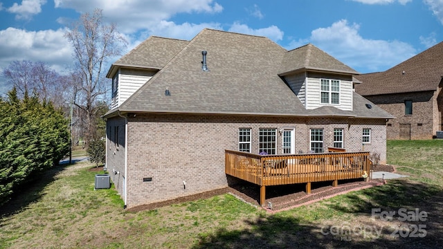 3815 10th St NE, Hickory, NC 28601 - back of house with central AC, brick siding, a lawn, and a wooden deck
