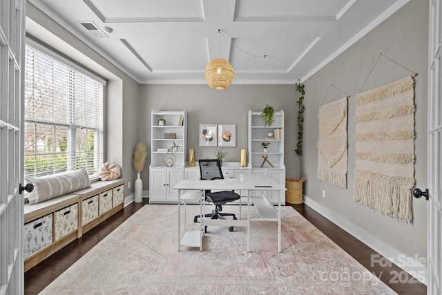 office area with visible vents, ornamental molding, coffered ceiling, dark wood-style floors, and baseboards