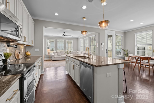 kitchen with ornamental molding, a sink, dark wood finished floors, appliances with stainless steel finishes, and decorative backsplash