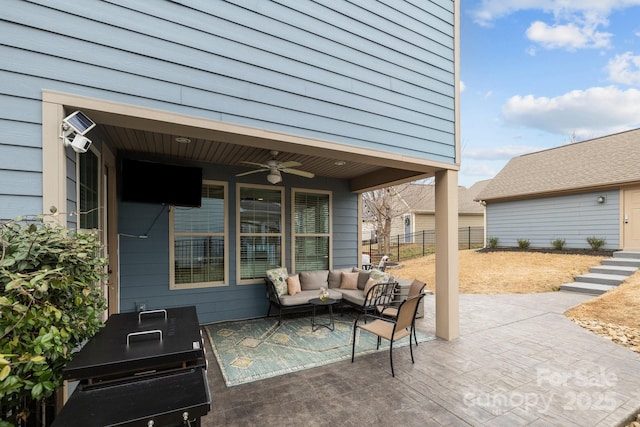 view of patio with ceiling fan, outdoor lounge area, and fence