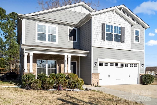 craftsman-style home with concrete driveway, brick siding, and a garage