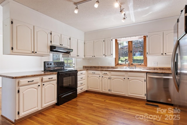 kitchen with rail lighting, under cabinet range hood, light wood-type flooring, and appliances with stainless steel finishes