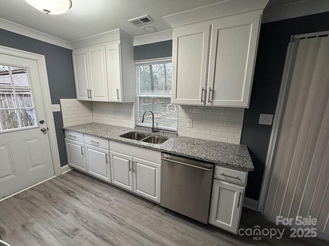 kitchen with a sink, visible vents, stainless steel dishwasher, and white cabinets