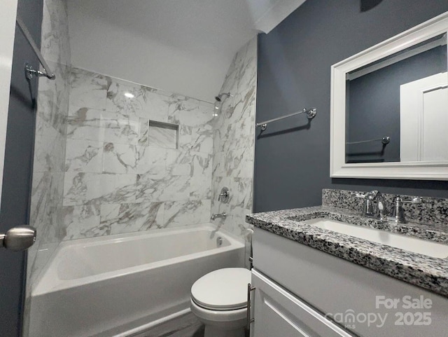 bathroom featuring vanity,  shower combination, and toilet