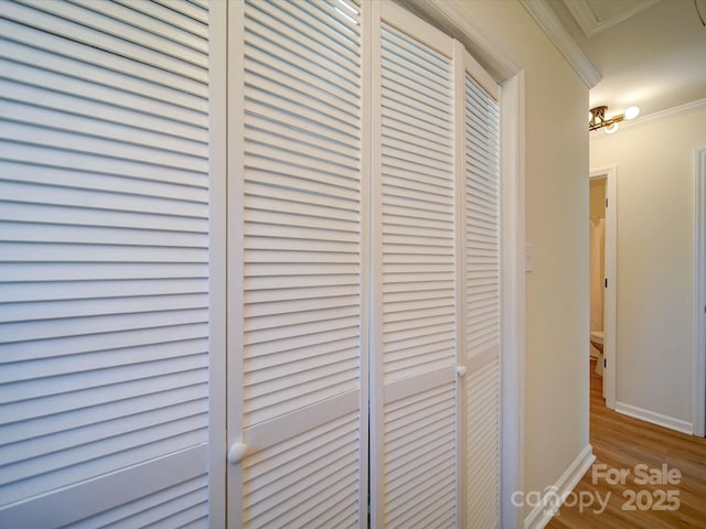 room details featuring wood finished floors, baseboards, and ornamental molding