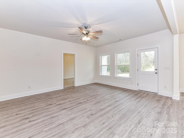 empty room with baseboards, light wood-style floors, and a ceiling fan