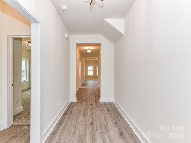 hallway with plenty of natural light, baseboards, and light wood finished floors