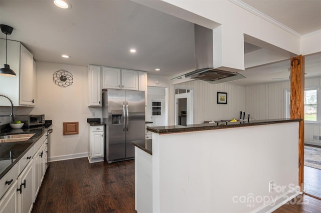 kitchen featuring range hood, stainless steel fridge with ice dispenser, a sink, dark wood-type flooring, and white cabinets