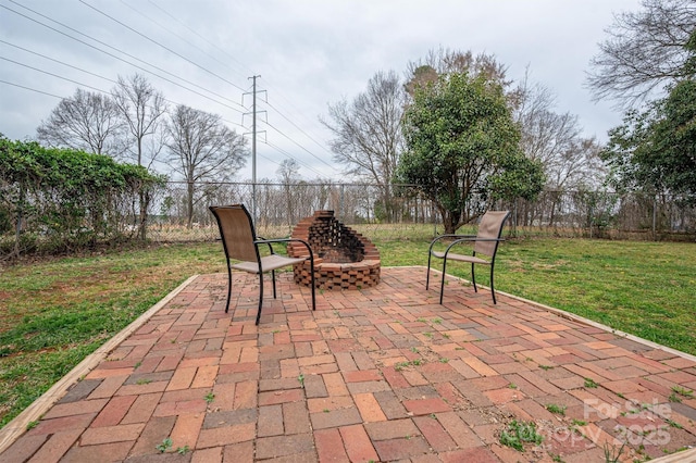 view of patio / terrace featuring an outdoor fire pit and a fenced backyard