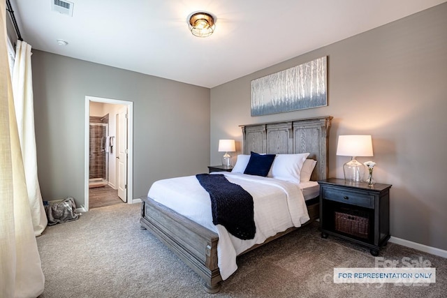 bedroom featuring ensuite bath, carpet flooring, baseboards, and visible vents