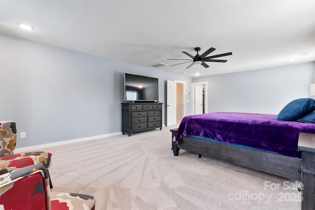 carpeted bedroom with a ceiling fan, recessed lighting, visible vents, and baseboards