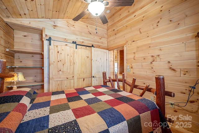 bedroom featuring wooden ceiling, ceiling fan, and wood walls