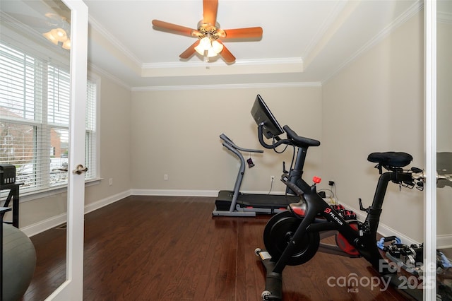 exercise room with a raised ceiling, ornamental molding, wood-type flooring, baseboards, and ceiling fan